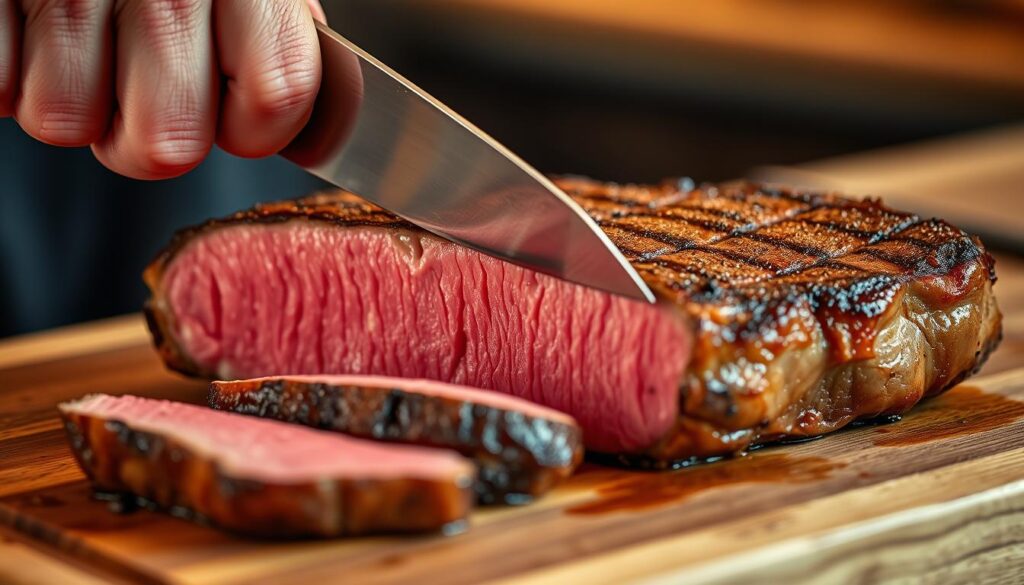 A close-up view of a hand skillfully slicing through a thick, juicy steak on a wooden cutting board. The steak, cooked to a perfect medium-rare, glistens under the warm, soft lighting. Crisp, golden-brown edges contrast with the tender, pink interior. The blade glides smoothly, creating thin, even slices that reveal the steak's delicate marbling. The background is blurred, allowing the viewer to focus on the intricate, precise technique of the hand and the mouthwatering steak. The scene conveys a sense of culinary expertise and the preparation of a satisfying, high-quality steak dinner.
