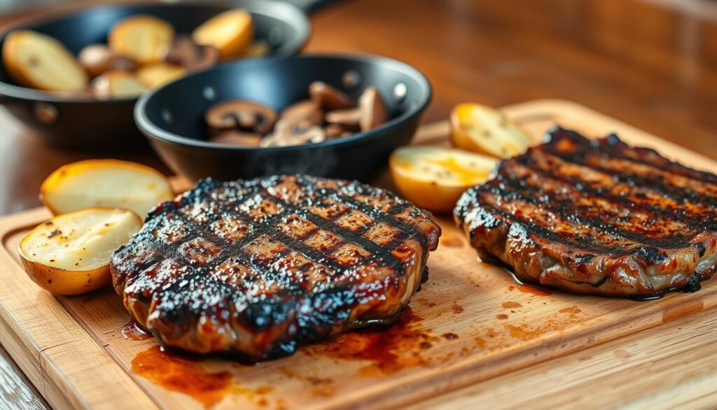 A close-up view of a wooden cutting board showcasing various cooking methods for grilled steak and potatoes. In the foreground, a well-seared steak sizzles on a cast-iron grill pan, its juices caramelizing. Beside it, halved russet potatoes are being roasted in the oven, their crisp exteriors and fluffy interiors visible. In the middle ground, a skillet of sautéed mushrooms and onions adds depth of flavor. The background is softly blurred, highlighting the culinary focus. The lighting is warm and natural, casting a golden glow over the scene, creating an inviting and mouthwatering atmosphere. A close-up view of a wooden cutting board showcasing various cooking methods for grilled steak and potatoes. In the foreground, a well-seared steak sizzles on a cast-iron grill pan, its juices caramelizing. Beside it, halved russet potatoes are being roasted in the oven, their crisp exteriors and fluffy interiors visible. In the middle ground, a skillet of sautéed mushrooms and onions adds depth of flavor. The background is softly blurred, highlighting the culinary focus. The lighting is warm and natural, casting a golden glow over the scene, creating an inviting and mouthwatering atmosphere.