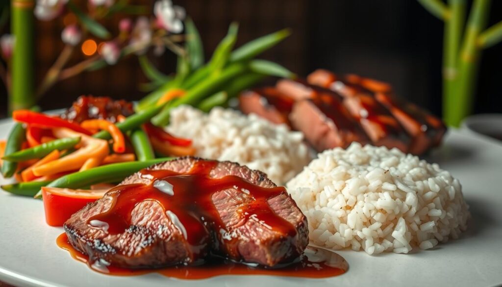 A delectable array of Asian-inspired steak dishes, meticulously prepared with a fusion of flavors. In the foreground, a succulent beef tenderloin seared to perfection, drizzled with a glistening teriyaki glaze. Surrounding it, an array of vibrant vegetables - crisp snow peas, sliced red peppers, and julienned carrots - artfully arranged. In the middle ground, steamed jasmine rice, its fluffy texture a canvas for the rich, umami-packed sauce. The background showcases a serene Asian-inspired setting, with bamboo shoots, delicate cherry blossoms, and a subtle play of warm, diffused lighting, evoking a sense of tranquility and culinary elegance. A delectable array of Asian-inspired steak dishes, meticulously prepared with a fusion of flavors. In the foreground, a succulent beef tenderloin seared to perfection, drizzled with a glistening teriyaki glaze. Surrounding it, an array of vibrant vegetables - crisp snow peas, sliced red peppers, and julienned carrots - artfully arranged. In the middle ground, steamed jasmine rice, its fluffy texture a canvas for the rich, umami-packed sauce. The background showcases a serene Asian-inspired setting, with bamboo shoots, delicate cherry blossoms, and a subtle play of warm, diffused lighting, evoking a sense of tranquility and culinary elegance.