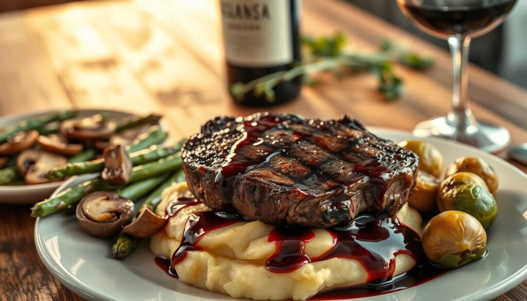 A mouthwatering steak dinner scene, shot in warm, golden lighting. In the foreground, a perfectly seared ribeye steak sits atop a bed of roasted garlic mashed potatoes, drizzled with a rich, velvety red wine reduction sauce. Surrounding the plate, an array of seasonal vegetables - grilled asparagus, sautéed mushrooms, and roasted Brussels sprouts - create a vibrant, well-balanced composition. In the middle ground, a glass of full-bodied Cabernet Sauvignon and a cluster of fresh herbs add depth and sophistication. The background features a rustic wooden table, with a simple, yet elegant table setting, conveying a cozy, inviting ambiance perfect for an easy, yet indulgent steak dinner.
