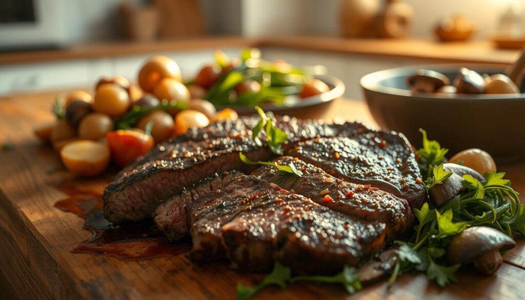 A simple, yet satisfying meal featuring a budget-friendly cut of steak, seared to perfection and accompanied by a hearty mix of roasted potatoes, onions, and earthy mushrooms. The scene is bathed in a warm, golden light, casting a cozy glow over the rustic wooden table. In the foreground, the steak is sliced to reveal its tender, juicy interior, surrounded by a vibrant array of sautéed greens and a drizzle of flavorful sauce. The middle ground showcases the roasted vegetables, their caramelized edges adding depth and complexity to the dish. The background features a minimalist, yet inviting kitchen setting, hinting at the effortless preparation of this budget-friendly steak-based meal. A simple, yet satisfying meal featuring a budget-friendly cut of steak, seared to perfection and accompanied by a hearty mix of roasted potatoes, onions, and earthy mushrooms. The scene is bathed in a warm, golden light, casting a cozy glow over the rustic wooden table. In the foreground, the steak is sliced to reveal its tender, juicy interior, surrounded by a vibrant array of sautéed greens and a drizzle of flavorful sauce. The middle ground showcases the roasted vegetables, their caramelized edges adding depth and complexity to the dish. The background features a minimalist, yet inviting kitchen setting, hinting at the effortless preparation of this budget-friendly steak-based meal.