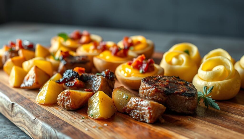 A varied array of delectable steak and potato bites, meticulously arranged on a rustic wooden board. In the foreground, juicy cubes of perfectly seared steak, complemented by golden-brown potato wedges, their crispy exteriors giving way to fluffy interiors. The middle ground features bite-sized potato skins, topped with melted cheese and crumbled bacon, while the background showcases elegant potato rosettes, their surfaces glistening with a light drizzle of aromatic herb oil. The lighting is soft and natural, casting gentle shadows that accentuate the textures and colors of this tempting gastronomic display. The overall composition evokes a sense of rustic elegance, inviting the viewer to indulge in the mouthwatering variations of this classic steak and potato pairing. A varied array of delectable steak and potato bites, meticulously arranged on a rustic wooden board. In the foreground, juicy cubes of perfectly seared steak, complemented by golden-brown potato wedges, their crispy exteriors giving way to fluffy interiors. The middle ground features bite-sized potato skins, topped with melted cheese and crumbled bacon, while the background showcases elegant potato rosettes, their surfaces glistening with a light drizzle of aromatic herb oil. The lighting is soft and natural, casting gentle shadows that accentuate the textures and colors of this tempting gastronomic display. The overall composition evokes a sense of rustic elegance, inviting the viewer to indulge in the mouthwatering variations of this classic steak and potato pairing.