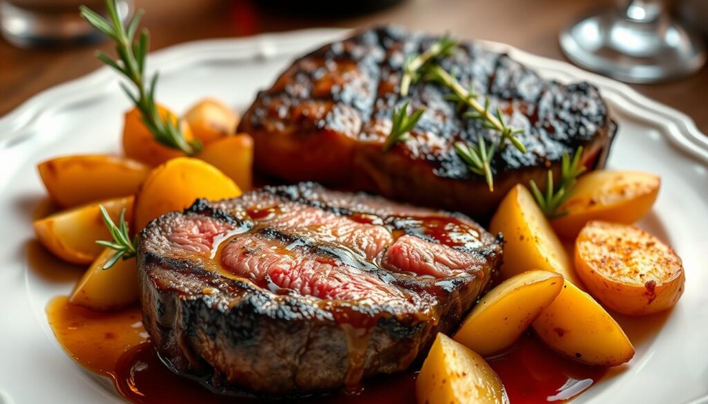 Beautifully plated steak and potato dinner, showcased on a white ceramic platter. In the foreground, a succulent, medium-rare steak sizzles, its charred exterior contrasting with the juicy, pink interior. Crisp, golden-brown potato wedges surround the steak, artfully arranged. Sprigs of fresh rosemary and thyme add a touch of rustic elegance, while a drizzle of rich, glossy sauce completes the presentation. Soft, warm lighting casts a cozy glow, highlighting the inviting textures and aromas of this mouthwatering dish. The composition is balanced and visually appealing, conveying a sense of culinary mastery and sophisticated home-cooked perfection. Beautifully plated steak and potato dinner, showcased on a white ceramic platter. In the foreground, a succulent, medium-rare steak sizzles, its charred exterior contrasting with the juicy, pink interior. Crisp, golden-brown potato wedges surround the steak, artfully arranged. Sprigs of fresh rosemary and thyme add a touch of rustic elegance, while a drizzle of rich, glossy sauce completes the presentation. Soft, warm lighting casts a cozy glow, highlighting the inviting textures and aromas of this mouthwatering dish. The composition is balanced and visually appealing, conveying a sense of culinary mastery and sophisticated home-cooked perfection.