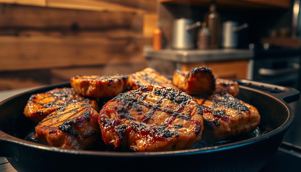 Crispy, golden-brown steak bites sizzling on a cast-iron skillet, against a backdrop of rustic wood. The meat, seasoned to perfection, sears and caramelizes under the intense heat, releasing a mouthwatering aroma. Beams of warm, directional lighting cast dramatic shadows, accentuating the textural details of the steak's charred exterior and juicy interior. The scene is set in a cozy, well-equipped kitchen, with subtle hints of stainless steel appliances and wooden cabinetry in the distance, conveying an inviting, homely atmosphere. Crispy, golden-brown steak bites sizzling on a cast-iron skillet, against a backdrop of rustic wood. The meat, seasoned to perfection, sears and caramelizes under the intense heat, releasing a mouthwatering aroma. Beams of warm, directional lighting cast dramatic shadows, accentuating the textural details of the steak's charred exterior and juicy interior. The scene is set in a cozy, well-equipped kitchen, with subtle hints of stainless steel appliances and wooden cabinetry in the distance, conveying an inviting, homely atmosphere.